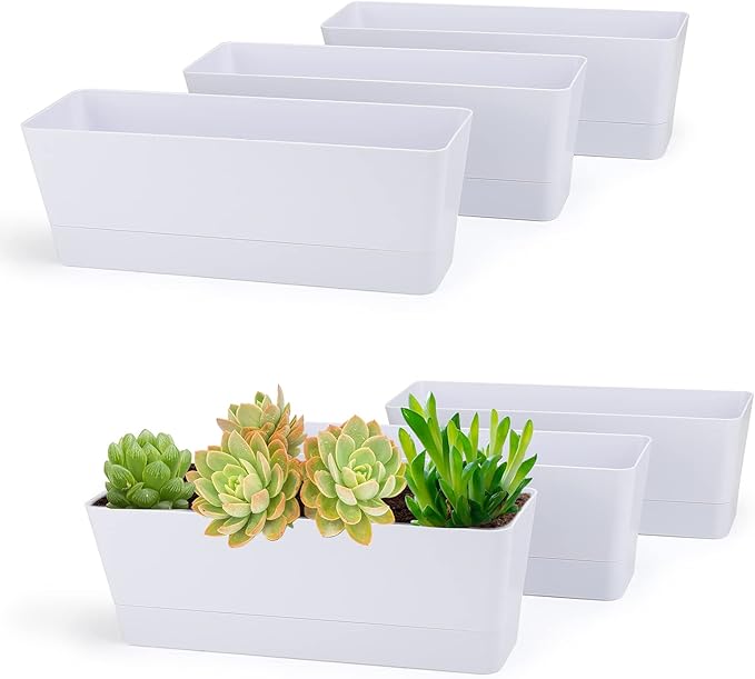 GREANER 12x3.8 Inch Herb Planters, 6 Pack White Rectangle Window Boxes with Tray, Indoor Succulent Cactus Mint Plastic Pot with Saucer for Windowsill, Balcony, Office, Outdoor Garden GREANER