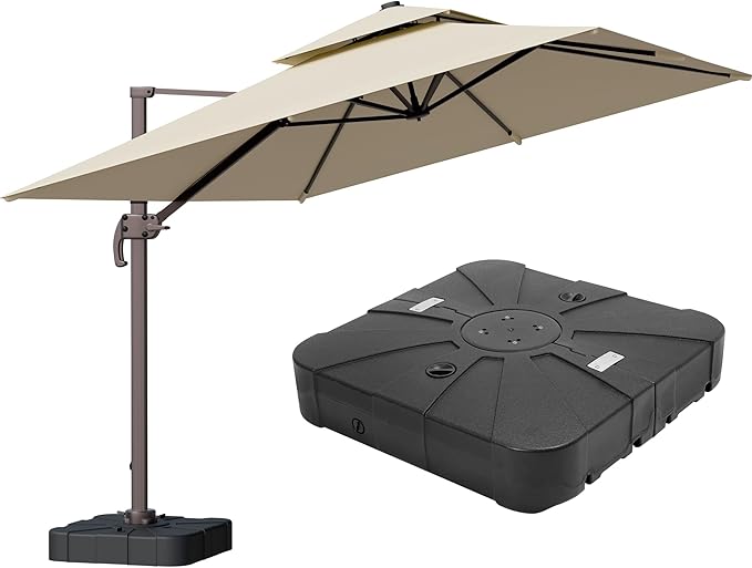 9x12FT Beige Cantilever Outdoor Patio Umbrella with Base, Large Rectangular Offset Design, Double Top Heavy Duty Aluminum Frame & 360° Rotation for Pool Garden Deck Backyard ZLACUIU