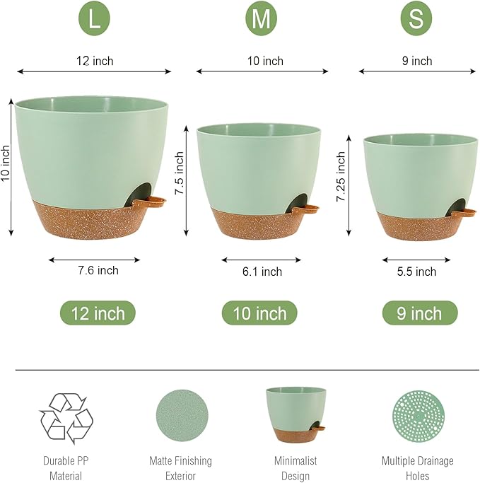 Large Self Watering Pots, 12/10/9 Plastic Planters with High Drainage Holes and Deep Reservoir for Indoor Outdoor Garden Plants and Flowers, Green with Brown UOUZ