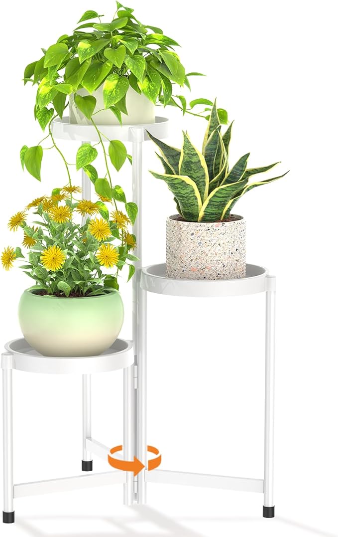 LASZOLA 3 Tiered Folding Plant Stand Indoor for Multiple Large Planter, Tall Heavy Duty Adjustable Rack with Rust Proof Plastic Shelving, Sturdy Vertical Tree Organizer for Narrow Inside Floor, White LASZOLA