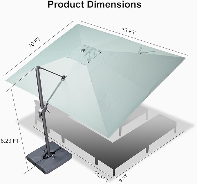 PURPLE LEAF 10' X 13' Rectangle Cantilever Umbrella with Base Outdoor Large Aluminum Patio Umbrella with 3-Year Fade Resistance Recycled Fabric and 360-degree Rotation for Deck Pool Garden, Mint Green Rootora