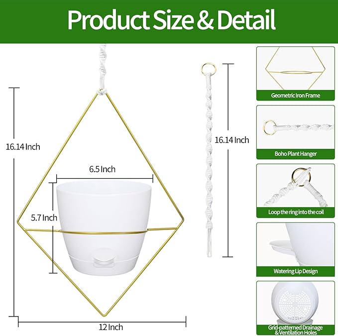 Hanging Planters for Indoor Plants, 2 Set Self Watering Hanging Flower Pots, Modern Hanging Plant Baskets with Metal Plant Holder & 6.5 Inch Plastic Pots for Garden Home Decor (Gold Frame White Pot) Koalaime