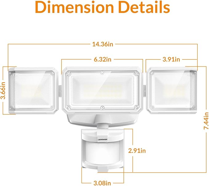 LEPOWER Battery Powered LED Flood Light Outdoor,1500LM Motion Sensor Security Lights, IP65 Waterproof,Wireless Flood Light Battery Operated,3 Head Motion Detector Light for Garage,Yard,Porch(White) LEPOWER