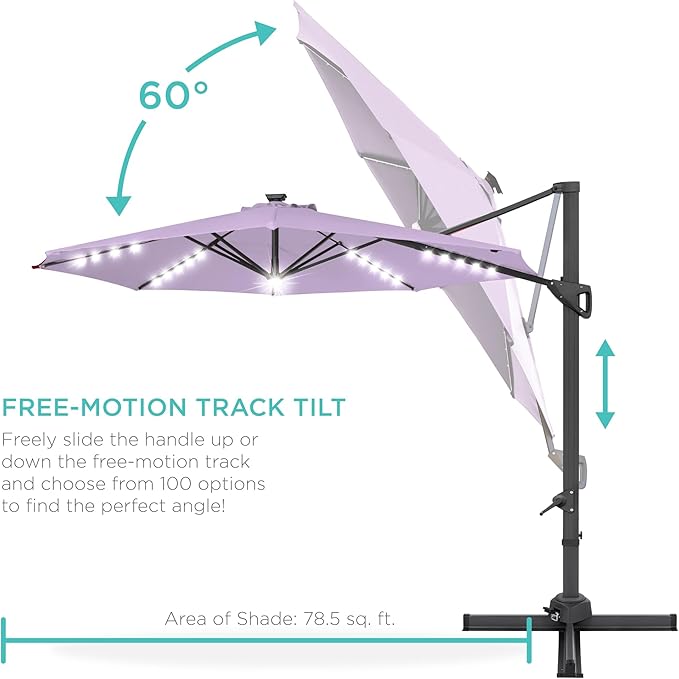 Best Choice Products 10ft Solar LED Cantilever Patio Umbrella, 360-Degree Rotation Hanging Offset Market Outdoor Sun Shade for Backyard, Deck, Poolside w/Lights, Easy Tilt, Cross Base BestChoiceProducts