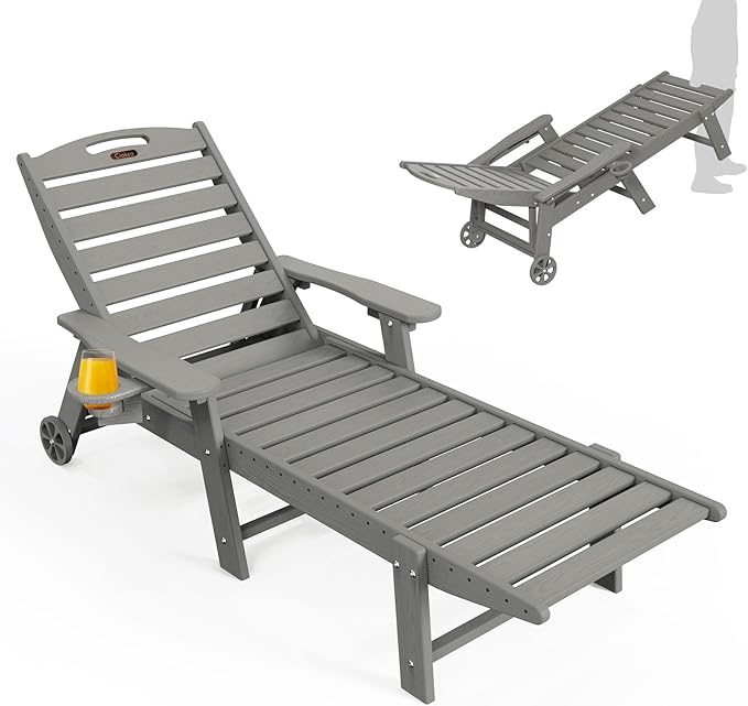 Ciokea Lounge Chair Outdoor, Oversized Chaise Lounge Chair with 5 Positions, HDPE, Patio Lounge Chair with Wheels & Cup Holder for Pool, Deck, Poolside, Grey CIOKEA
