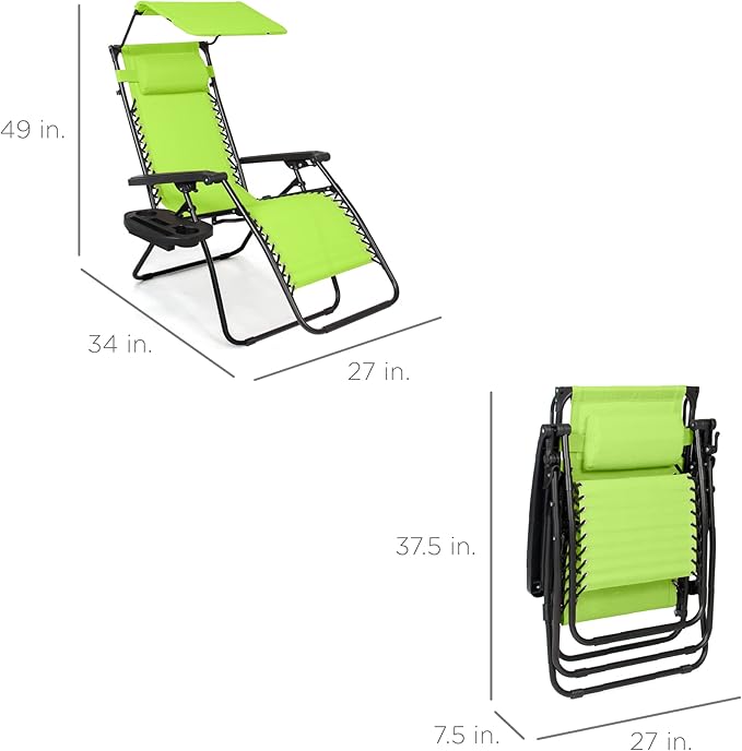 Best Choice Products Folding Zero Gravity Outdoor Recliner Patio Lounge Chair w/Adjustable Canopy Shade, Headrest, Side Accessory Tray, Textilene Mesh - Lime Green BestChoiceProducts