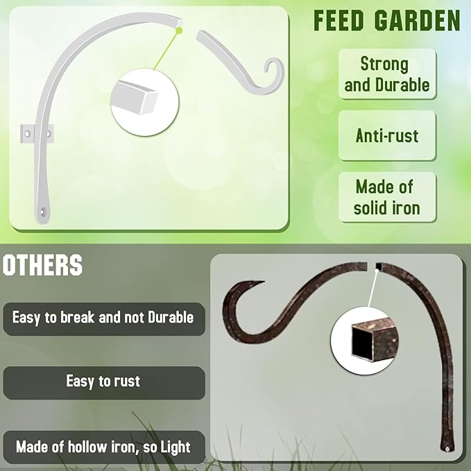 FEED GARDEN 2 Pack 12 Inch Hanging Plant Bracket Wall Hooks Decorative Plant Hangers for Outdoor Hanging Bird Feeders, Wind Chimes, Plant Baskets, White FEEDGARDEN