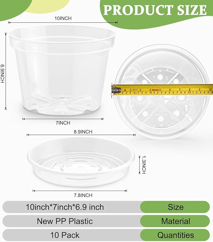 10 Pack 10 Inch Clear Nursery Pots with Saucers, Transparent Sturdy Plastic Plant Pots, Large Gardening Pots with Drainage Hole, Planting Starter Pot for Indoor Outdoor Flowers Herbs Vegetables RooTrimmer