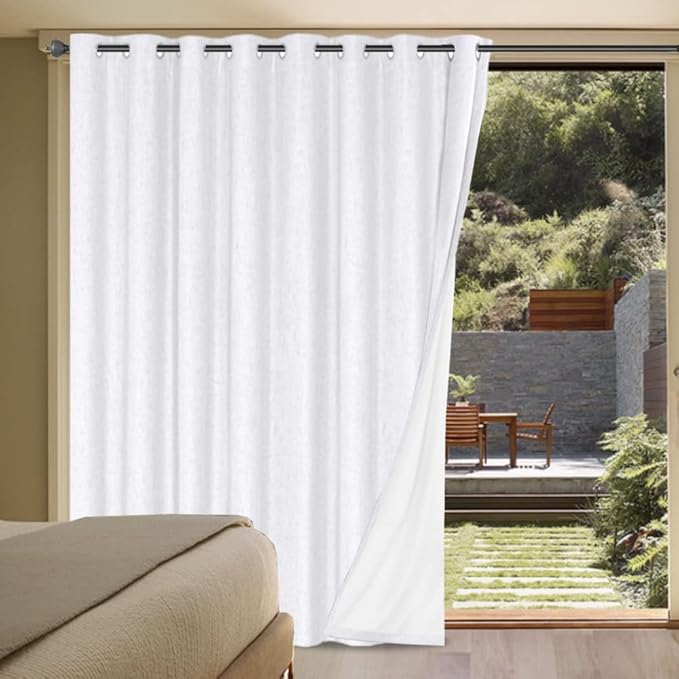 H.VERSAILTEX Linen Blackout Curtains Durable Thick Textured Linen Look 100% Blackout Patio Door Curtain Anti Rust Grommet Extra Wide Sliding Door Curtain Panel, W100 x L96 inch - Pure White HVERSAILTEX