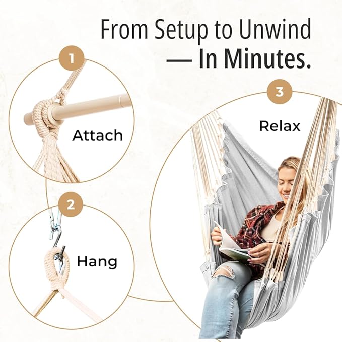 Hanging Hammock Chair Swing - Hammock Swing Chair with Foot Rest - Indoor/Outdoor Hanging Chair - Quick & Easy Setup with Durable Hardware – Spacious Full Body Support – Holds 440 Lbs EXTIRIO