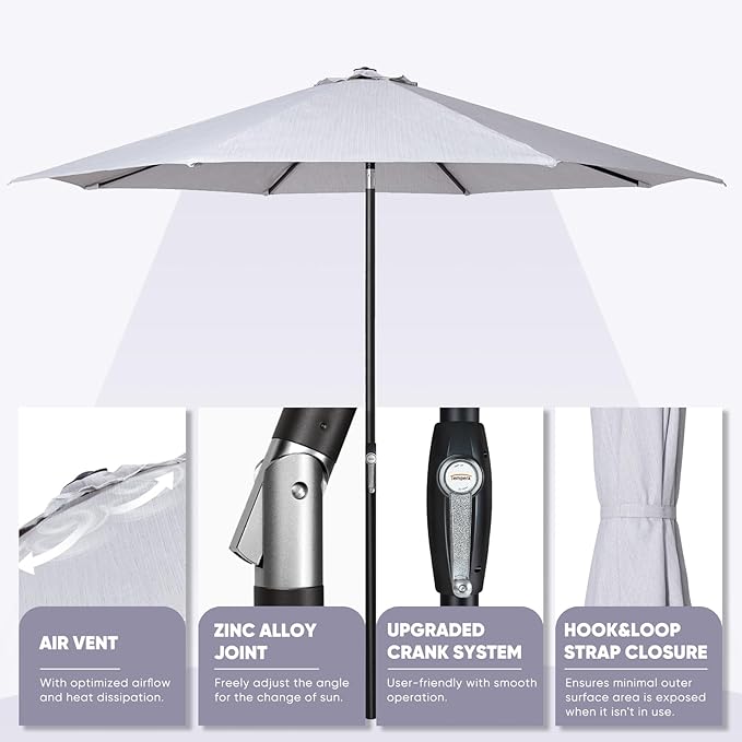 Tempera Patio Market Outdoor Table Umbrella with Auto Tilt and Crank, Large Sun Umbrella with Sturdy Pole & Fade Resistant Canopy, Easy to Set TemperaPatioLife