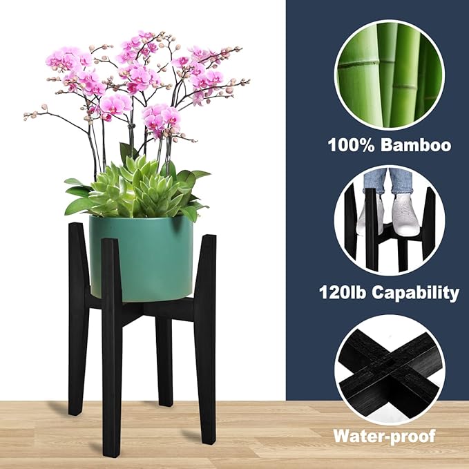 OERGKE Adjustable Plant Stand Indoor, Bamboo Mid Century Modern Plants Stands, Corner Flower Holder for Living Room, Fits 8 to 12 Inches Pots, (Pot & Plant Not Included)(Black, 1 Pack) OERGKE