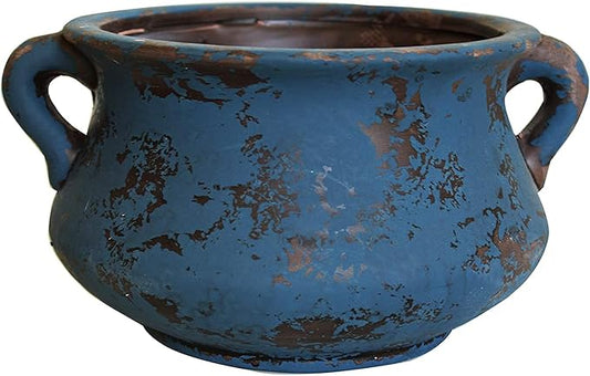 Egyptian Era Designed Earthen Ware Terra-Cotta Vessel/Planter with Looped Handles. Blue Goodman+and+Wife