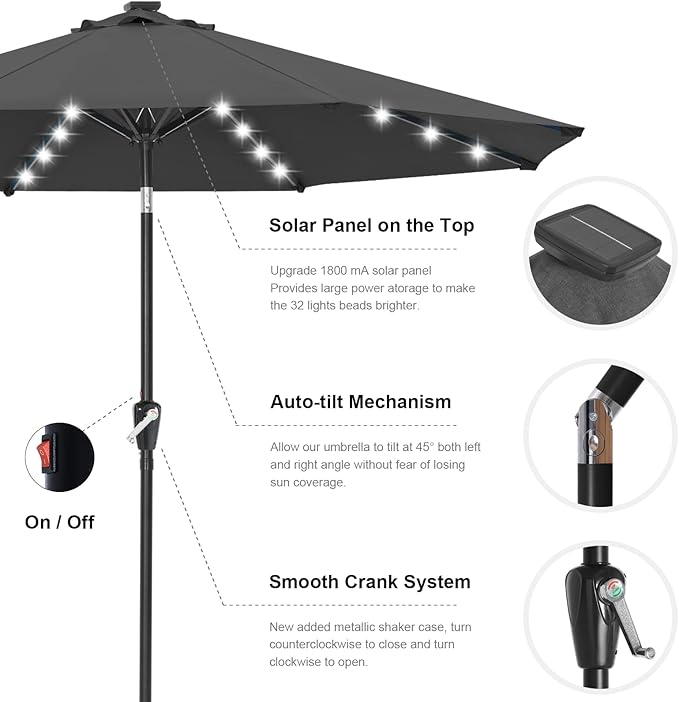 ABCCANOPY Durable Solar Led Patio Umbrellas with 32LED Lights 9FT (Dark Gray) ABCCANOPY
