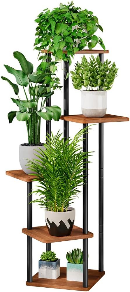 AZERPIAN Plant Stand 5 Tier Indoor Metal Flower Shelf for Multiple Plants Corner Tall Flower Holders for Patio Garden Living Room Balcony Bedroom, Walnut (5 Tier-Walnut) AZERPIAN