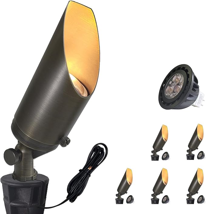 COLOER Brass Landscape Spotlights, 6 Pack Spotlight Fixture Outdoor with 5W Aluminum Housing MR16 LED Bulb 2700K 450LM,12V AC/DC Low Voltage Landscape Lighting,Uplight for Garden and Patio(103B) COLOER
