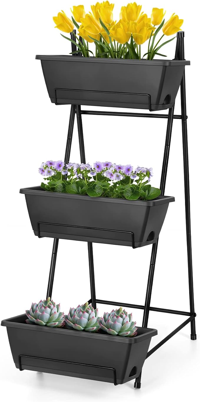 3 Tier Vertical Garden Planter Small Raised Garden Bed Freestanding Plastic Raised Planter Boxes Herb Planter Stand with Removable Tray for Indoor Outdoor Herbs Flowers Vegetables Plants Grey BTY