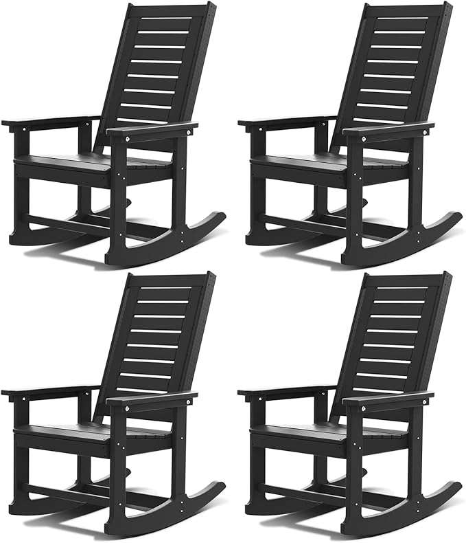 GREENVINES Outdoor Rocking Chairs | Set of 4 | Porch Rocker | HDPE Plastic | Black | Oversized Rockers | High Back | Big & Tall | Ladder Back | for Patio Outside Backyard Balcony Garden GreenVines