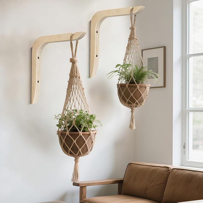 Wooden Plants Hanger, Plant Hangers Indoor Wall Mount, 8.58-Inch Hanging Plant Hooks For Wall, Basket Hooks for Lanterns, Flower Bracket, Wind Chimes, Lamp, Bird Feeders, Patio Decor(wood color 2PCS) usion