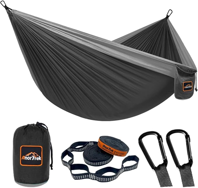 Camping Hammock, Super Lightweight Portable Parachute Hammock with Two Tree Straps Single or Double Nylon Travel Tree Hammocks for Camping Backpacking Hiking AnorTrek