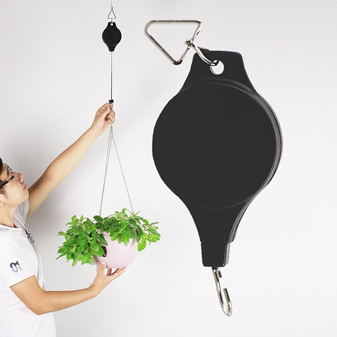 Ogrmar 2PCS Plant Pulley Retractable Pulley Plant Hanger Hanging Flower Basket Hook Hanger for Garden Baskets Pots and Birds Feeder in Different Height Lower and Raise Pack of 2 (Black) Ogrmar