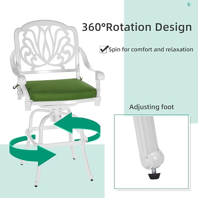 VIVIJASON 5-Piece Patio Swivel Bar Stools Set, All Weather Cast Aluminum Outdoor Bar Height Bistro Set with 4 Cushioned Bar Chairs & 35.4" High Bar Table w/Umbrella Hole for Backyard, Lawn, White VIVIJASON
