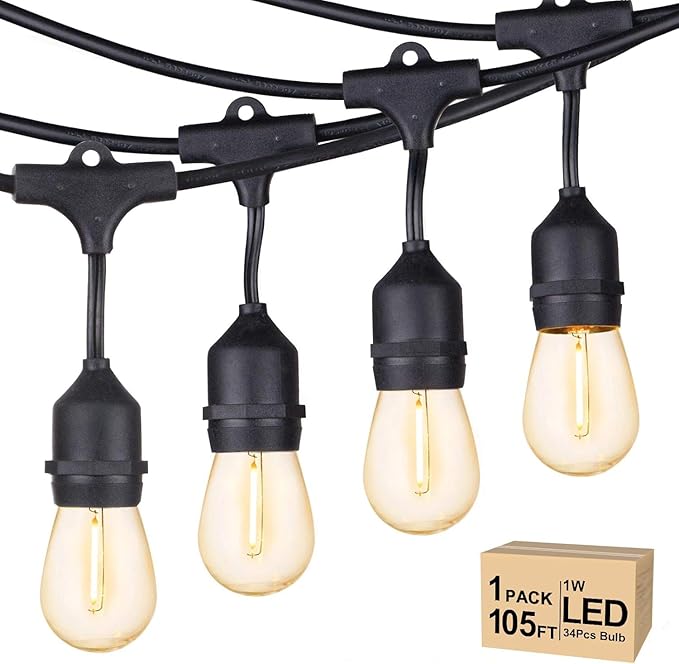 Svater Outdoor String Lights Led 105FT, Commercial Grade Patio Light with 1W Dimmable S14 Shatterproof Bulbs, ETL Listed Heavy-Duty Outside Waterproof Cafe Bistro Market Lighting Warm White Svater