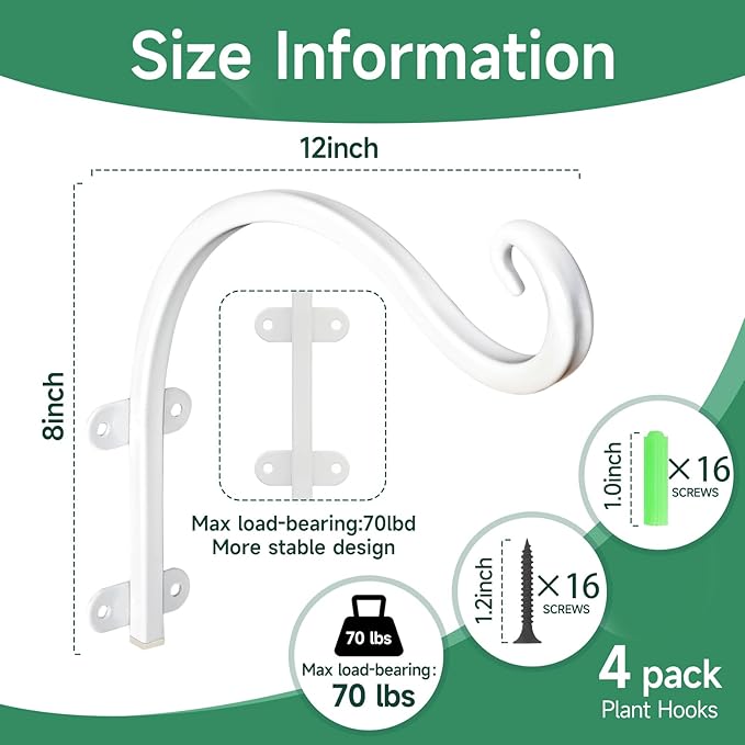 4 Pack 12Inch Plant Hanger, Sturdy Hanging Plant Bracket Hooks Outdoor, Bird Feeder Hanger for Bird Feeders, Planters, Lanterns, Wind Chimes Indoor Outdoor (White) Acteomsly
