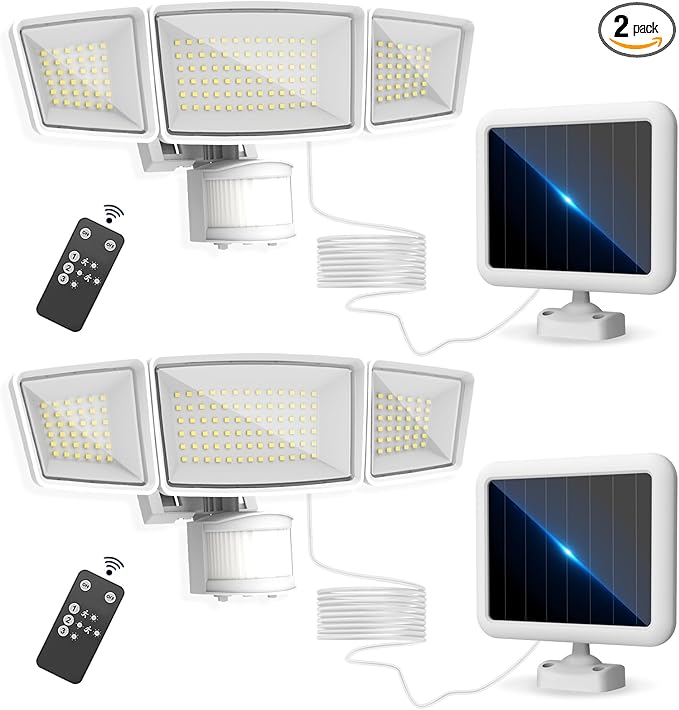 Energetic Solar Outdoor Lights, 1800LM 192 LED Security Motion Sensor Outdoor Lights with Remote Control, IP65 Waterproof Floodlight, 3 Head Motion Detected Spotlight for Garage, Pack of 2 (White) EENERGETICLIGHTING