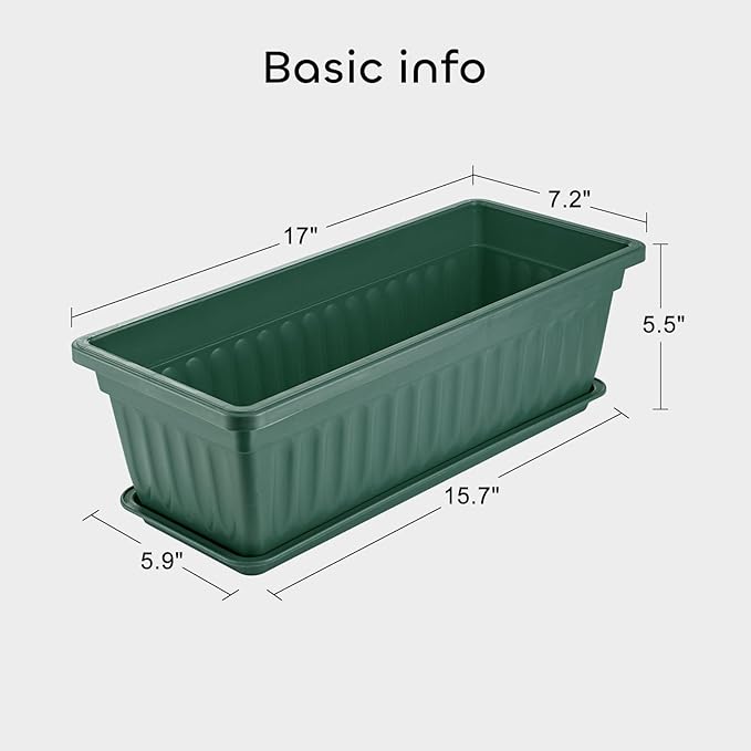GROWNEER 6 Packs 17 Inches Green Flower Window Box Plastic Vegetable Planters Long Pots with 15 Pcs Plant Labels for Outdoor Indoor Windowsill Patio Garden Home Decor Porch GROWNEER