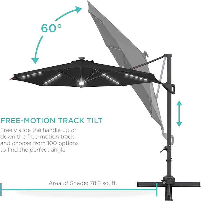 Best Choice Products 10ft Solar LED Cantilever Patio Umbrella, 360-Degree Rotation Hanging Offset Market Outdoor Sun Shade for Backyard, Deck, Poolside w/Lights, Easy Tilt, Cross Base BestChoiceProducts