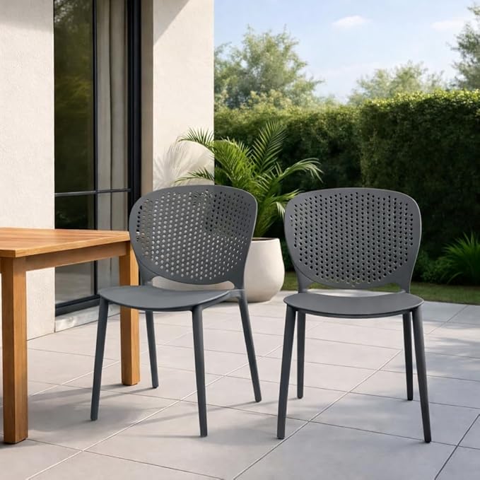 2xhome Set of 4 Patio Dining Chairs | Modern Stackable Outdoor Pool Side Chair | Weather Resistant Plastic for Yard, Porch, Balcony, Kitchen, Gray 2xhome