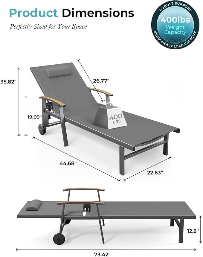 Ciokea Outdoor Lounge Chair with Pillow Set of 4, 5-Position Chaise Lounge with Wheels & Armrests, 400 lbs Heavy Duty Aluminum Pool Lounge Chairs, for Beach, Deck, Poolside & Backyard, Grey CIOKEA