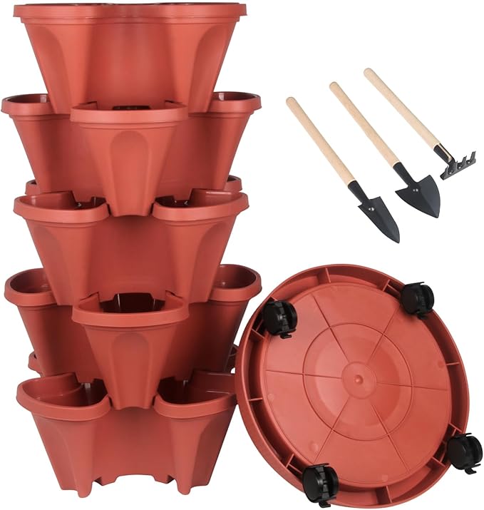 DUNCHATY Stackable Planters 5 Tier Vertical Garden Planting Tower Planters Strawberry, Herb, Flower, and Vegetable Planter Indoor Outdoor Gardening Pots with Removable Wheels and Tools DUNCHATY