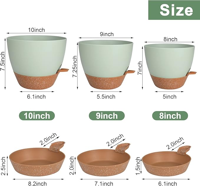 Planters for Indoor Plants, 10/9/8 Inch Self Watering Plant Pots with Drainage Hole, Plastic Planters Flower Pots for Indoor Outdoor Plants (Green) Vanslogreen
