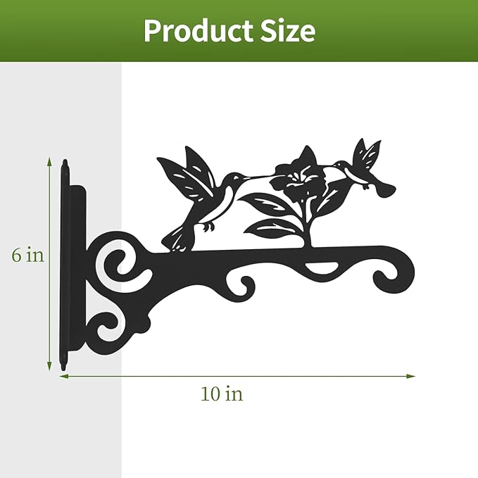 Elegant Bird Pattern Wall Hooks - 10/12/14 Inch Metal Plant Hangers for Indoor & Outdoor - Rust-Resistant Bracket for Plants, Feeders, Chimes, Lanterns (4, Black, 10 inch) mekpiwu