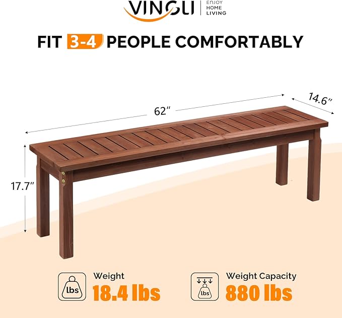 VINGLI Outdoor Wooden Bench, 62” Porch Bench Outdoor Backless Garden Bench, Small Outdoor Bench for Deck Patio Entryway (Brown, 62in) VINGLI