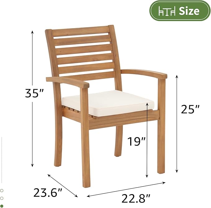 OC Orange-Casual Stackable Patio Dining Chairs Set of 2, Outdoor Acacia Wooden Chairs w/Armrest & Removeable Fabric Cushion, for Porch, Backyard, Garden, Indoor, Beige OCOrange-Casual