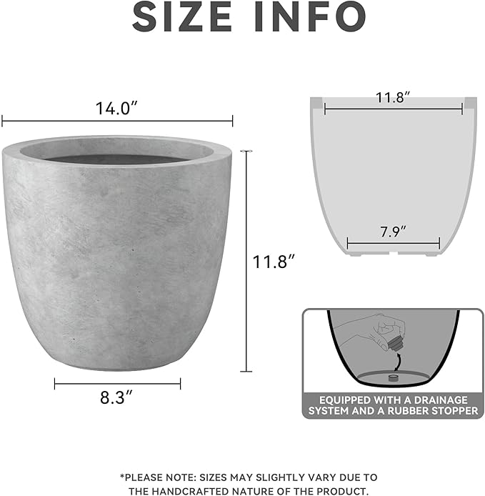 Kante 14 Inch Dia Round Concrete Planter, Indoor Outdoor Large Plant Pot with Drainage Hole and Rubber Plug for Home Patio Garden, Gray Concrete Kante