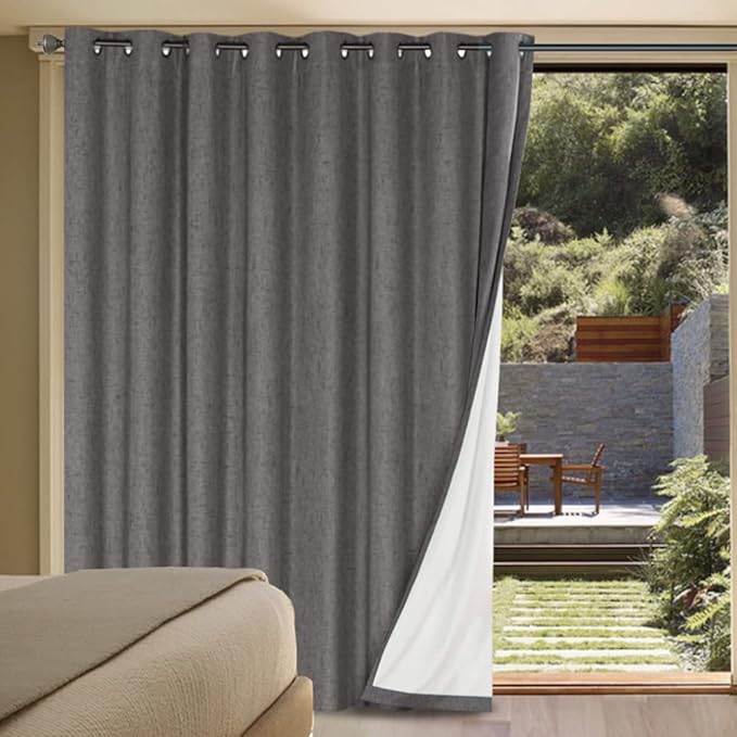 H.VERSAILTEX Linen Blackout Curtains Durable Thick Textured Linen Look 100% Blackout Patio Door Curtain Anti Rust Grommet Extra Wide Sliding Door Curtain Panel, W100 x L96 inch - Grey HVERSAILTEX