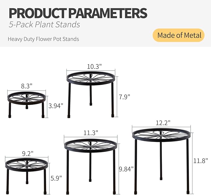 Plant Stand,5 Pack Heavy Duty Flower Pot Stands,Metal Decoration Racks,Round Plant Shelf for Planter Outdoor and indoor (Brown) Furshus