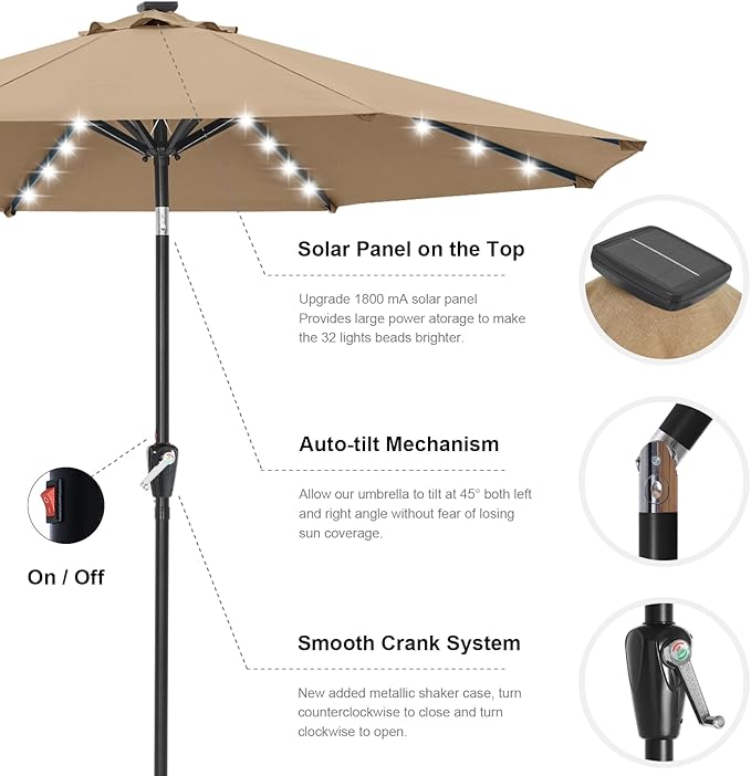 ABCCANOPY Durable Solar Led Patio Umbrellas with 32LED Lights 9FT (Tan) ABCCANOPY