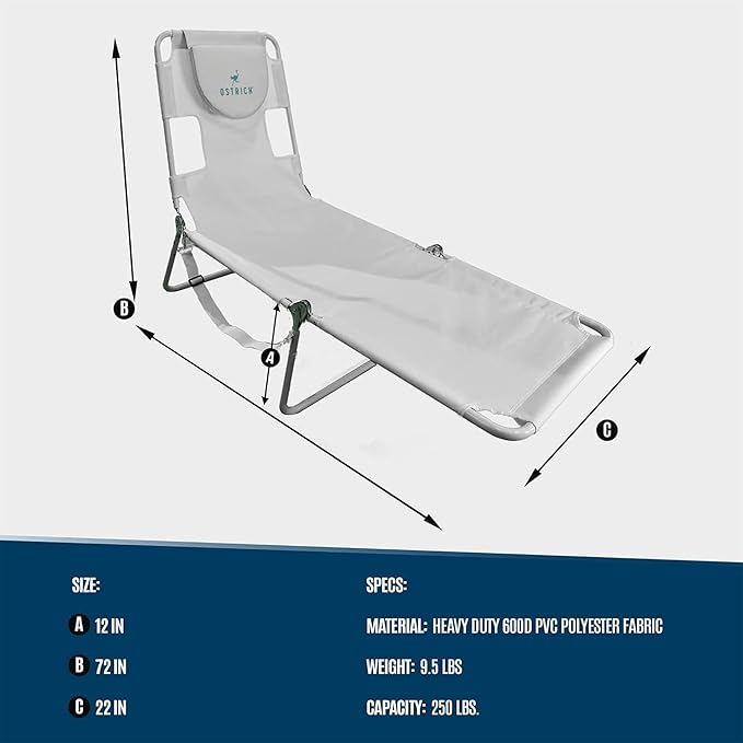 Ostrich 72 by 22 Inch Versatile Chaise Lounge Portable Reclining Lounger, Outdoor Patio, Beach, Lawn, Camping, or Pool Tanning Chair, White OstrichProducts