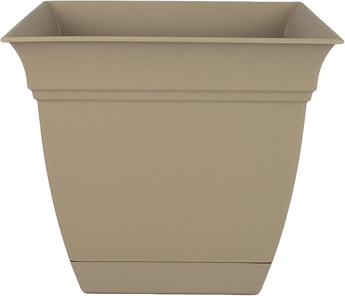 The HC Companies Eclipse Square Plastic Planter w/Attached Saucer - Outdoor & Indoor Plant Pot with Drainage Holes - Lightweight, UV-Resistant Plastic Pots for Plants (8" Sandstone, Pack of 1) TheHCCompanies