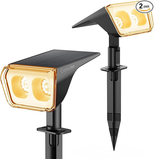Consciot Solar Spot Lights Outdoor Waterproof, 24 LED Dusk-to-Dawn Solar Spotlight, 2 in 1 Adjustable Wall Lights, Warm White Solar Landscape Spotlights for Garden Yard Wall Walkway, 2 Pack Consciot