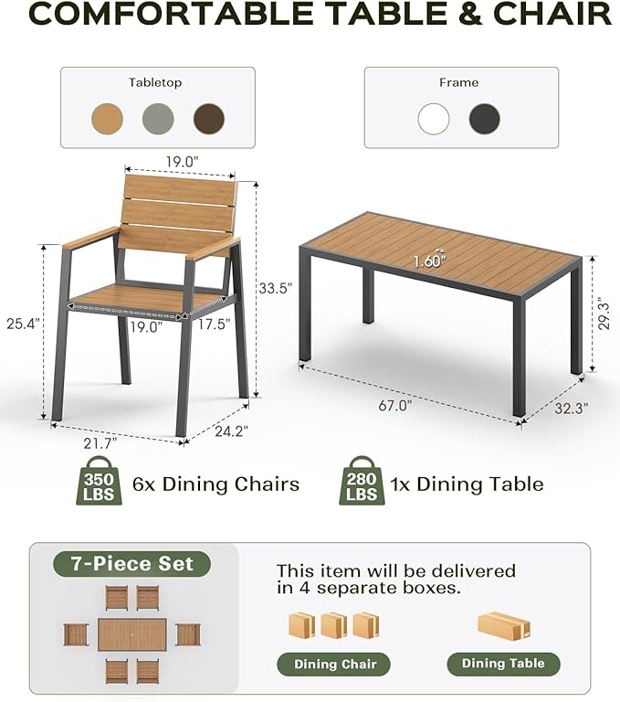 7-Piece Outdoor Dining Set, Aluminum Dining Table Set for 6, Patio Table and Chairs Set with Umbrella Hole, All Weather HDPS Outdoor Table and Chairs for 6 (Gray-Teak) Vexwalx