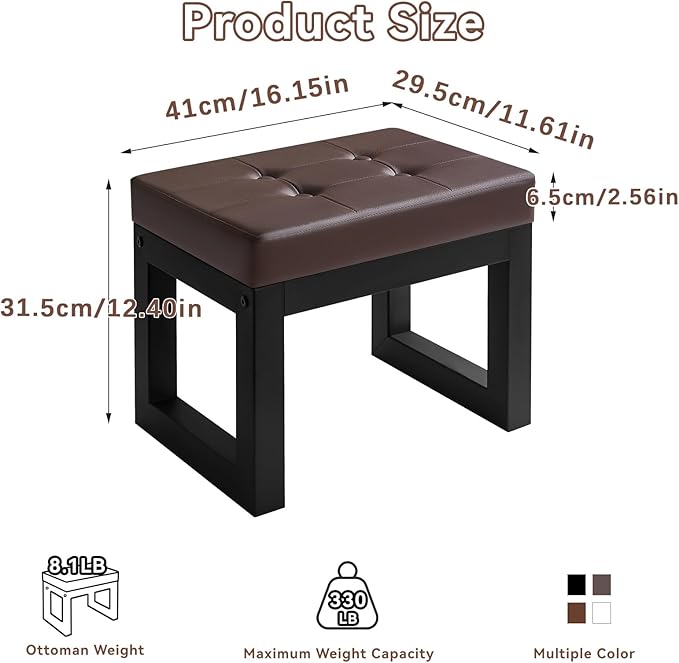 IBUYKE 16 Inch Small Foot Stool Ottoman, Rectangle PU Faux Leather Foot Rest with Padded Seat and Metal Legs, Modern Ottoman Foot Rest for Living Room Bedroom Entryway Couch, Deep Coffee WBD026K IBUYKE