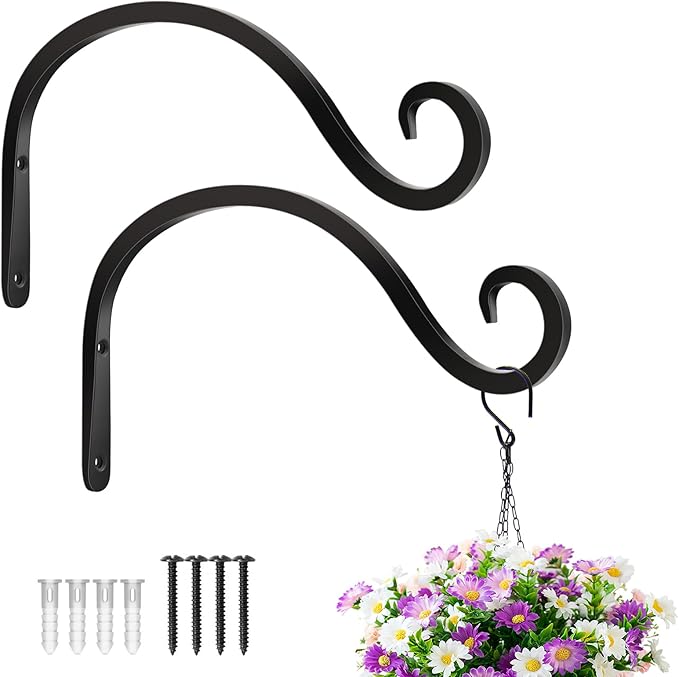BOLITE Plant Hangers Outdoor Indoor, 12 Inch Wall Plant Hooks, Metal Bird Feeder Hanger for Hummingbird Feeders, Planters, Lanterns, Wind Chimes, Home Decor, 2 Pack, Black, Gifts for Women Men Bolite