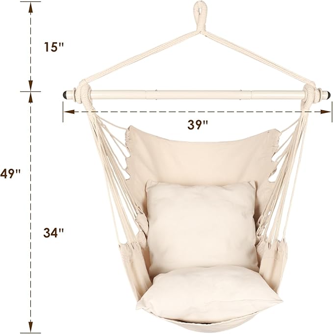 Highwild Hammock Chair Hanging Rope Swing - Max 500 Lbs - 2 Cushions Included - Steel Spreader Bar with Anti-Slip Rings - for Any Indoor or Outdoor Spaces (Beige) Highwild