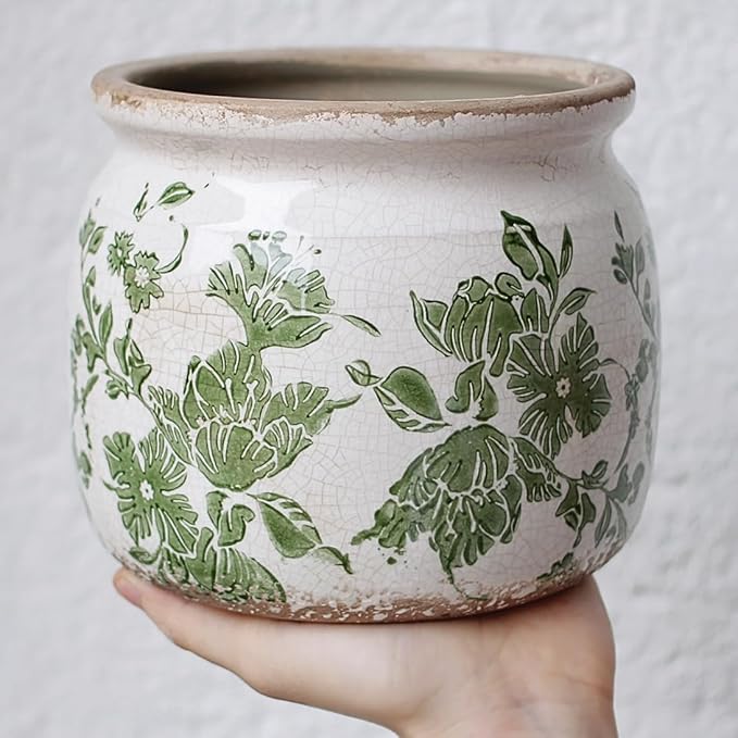 Tuscan Ceramic Indoor Plant Pot & Vase for Home Decor, 6.29'' Rustic Farmhouse Planter w/Drainage for Snake Plant, Pothos and Houseplants, Vintage Office & Tabletop Decoration, Gift for Mom (Green) XiaanJiaju
